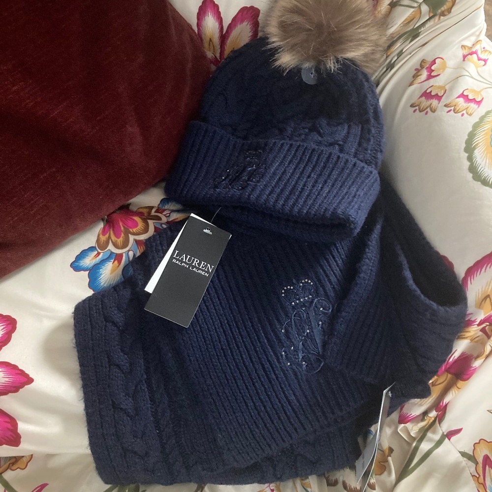Navy Blue Ralph Lauren Hat And Scarf Set